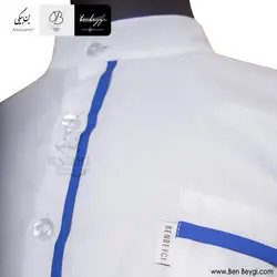 پیراهن آشپزی | پارچه کجراه | تک ردیف دکمه یقه گرد رنگ سفید نواردوزی آبی کد 30170
