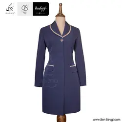 مانتو شلوار اداری | پارچه کرپ مازراتی | سایز 38 رنگ سرمه ای با خرج‌کار طلایی یقه آرشال [تک سایز] کد 30359