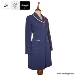 مانتو شلوار اداری | پارچه کرپ مازراتی | سایز 38 رنگ سرمه ای با خرج‌کار طلایی یقه آرشال [تک سایز] کد 30359