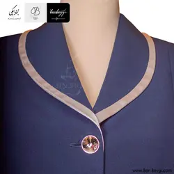 مانتو شلوار اداری | پارچه کرپ مازراتی | سایز 38 رنگ سرمه ای با خرج‌کار طلایی یقه آرشال [تک سایز] کد 30359