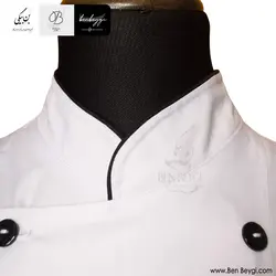 پیراهن آشپزی | پارچه ترگال | دو ردیف دکمه روهمگرد دار آستین کوتاه رنگ سفید مغزی‌دوزی [ویدئو][تعداد محدود] کد 31256