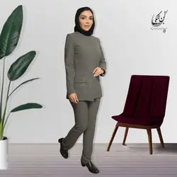 مانتو شلوار اداری | پارچه بزیاق | رنگ طوسی یقه گرد 4 دکمه مخفی پیش دوبل کد 32412