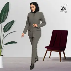 مانتو شلوار اداری | پارچه بزیاق | رنگ طوسی یقه گرد 4 دکمه مخفی پیش دوبل کد 32412