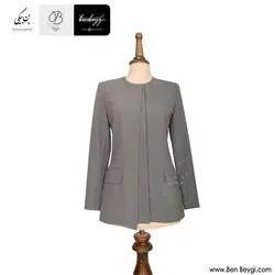 مانتو شلوار اداری | پارچه بزیاق | رنگ طوسی یقه گرد 4 دکمه مخفی پیش دوبل کد 32412