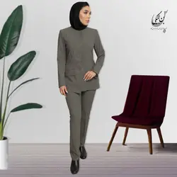 مانتو شلوار اداری | پارچه بزیاق | رنگ طوسی یقه گرد 4 دکمه مخفی پیش دوبل کد 32412