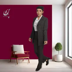 کت و شلوار اداری زنانه | پارچه گاباردین طرح دیپلمات | رنگ طوسی خط سفید یقه انگلیسی پهن بدون دکمه کد 32489