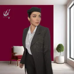 کت و شلوار اداری زنانه | پارچه گاباردین طرح دیپلمات | رنگ طوسی خط سفید یقه انگلیسی پهن بدون دکمه کد 32489