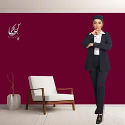 کت و شلوار اداری زنانه | پارچه گاباردین طرح دیپلمات | رنگ سرمه‌ای خط سفید یقه هفت بدون دکمه کد 32451