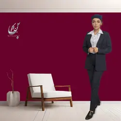 کت و شلوار اداری زنانه | پارچه گاباردین طرح دیپلمات | رنگ سرمه‌ای خط سفید یقه هفت بدون دکمه کد 32451