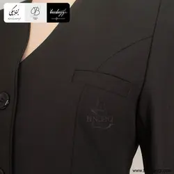 مانتو شلوار اداری | پارچه بزیاق | رنگ مشکی یقه هفت مغزی دوزی پنج دکمه کد 32929