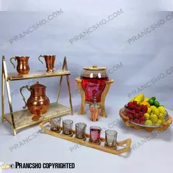 کلمن شیشه ای پایه چوبی دسته دار طرح کاچار شیشه شامپاینی