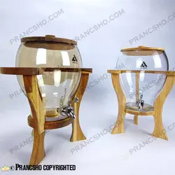 کلمن شیشه ای پایه چوبی دسته دار طرح کاچار شیشه شامپاینی