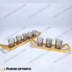 ست شات شامپاینی و شمعدان 3 عددی با استند چوبی