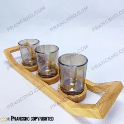 ست شات شامپاینی و شمعدان 3 عددی با استند چوبی
