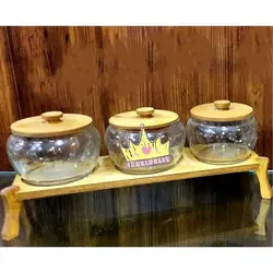 استند کندی سه قلو شیشه ای با در و پایه چوبی