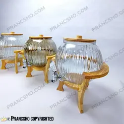 کلمن شیشه ای پایه چوبی دسته دار طرح کانو شیشه الماسی (ترک دار)