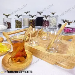 سرویس چای خوری 6 نفره چوبی با استکان کمر باریک