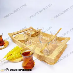 سرویس چای خوری 6 نفره چوبی با استکان کمر باریک