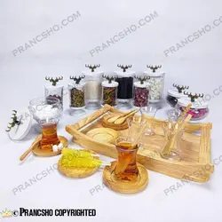 سرویس چای خوری 6 نفره چوبی با استکان کمر باریک