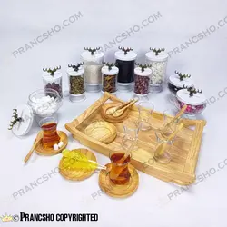 سرویس چای خوری 6 نفره چوبی با استکان کمر باریک