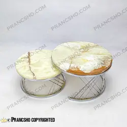 استند پذیرایی دو طبقه سنگی پایه حصیری نقره‌ای سنگ مرمر نباتی قهوه‌ای