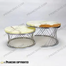 استند پذیرایی دو طبقه سنگی پایه حصیری نقره‌ای سنگ مرمر نباتی قهوه‌ای