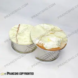 استند پذیرایی دو طبقه سنگی پایه حصیری نقره‌ای سنگ مرمر نباتی قهوه‌ای