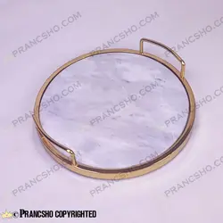 سینی گرد سنگی با لبه فلزی طلایی سنگ سفید ازنا
