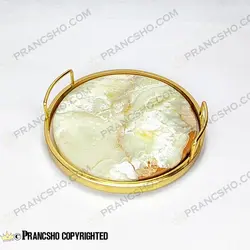 سینی گرد سنگی با لبه فلزی طلایی سنگ مرمر نباتی قهوه‌ای