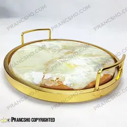 سینی گرد سنگی با لبه فلزی طلایی سنگ مرمر نباتی قهوه‌ای