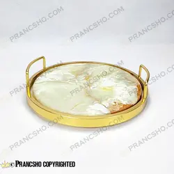 سینی گرد سنگی با لبه فلزی طلایی سنگ مرمر نباتی قهوه‌ای