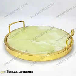 سینی گرد سنگی با لبه فلزی طلایی سنگ مرمر نباتی قهوه‌ای