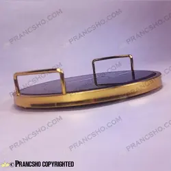 سینی گرد سنگی با لبه فلزی طلایی سنگ مشکی خط سفید