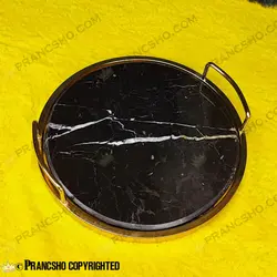 سینی گرد سنگی با لبه فلزی طلایی سنگ مشکی خط سفید