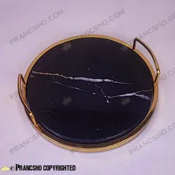 سینی گرد سنگی با لبه فلزی طلایی سنگ مشکی خط سفید