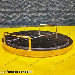 سینی گرد سنگی با لبه فلزی طلایی سنگ مشکی خط سفید