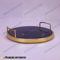سینی گرد سنگی با لبه فلزی طلایی سنگ مشکی خط سفید