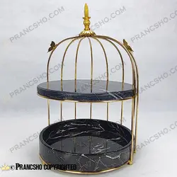 استند میوه و شیرینی سنگی قفس و پروانه دو طبقه سنگ مشکی خط سفید