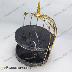 استند میوه و شیرینی سنگی قفس و پروانه دو طبقه سنگ مشکی خط سفید
