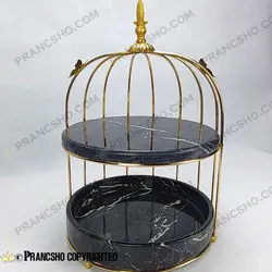 استند میوه و شیرینی سنگی قفس و پروانه دو طبقه سنگ مشکی خط سفید