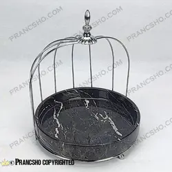 استند سنگی لبه دار قفس و پروانه پروانه یک طبقه نقره‌ای سنگ مشکی خط سفید