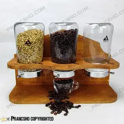 استند چوبی جا قهوه و حبوبات سه خانه شیشه ای آریاتیس