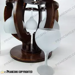 استند بار پذیرایی چوبی 6 نفره با بطری گیلاس (جام) شیشه سفید مات