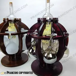 استند بار پذیرایی چوبی 6 نفره با بطری گیلاس (جام) شیشه سفید مات