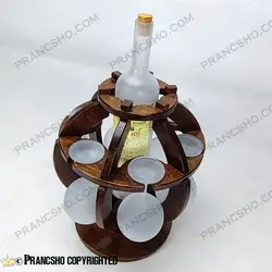 استند بار پذیرایی چوبی 6 نفره با بطری گیلاس (جام) شیشه سفید مات