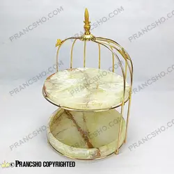 استند میوه و شیرینی سنگی قفس و پروانه دو طبقه سنگ مرمر نباتی قهوه‌ای