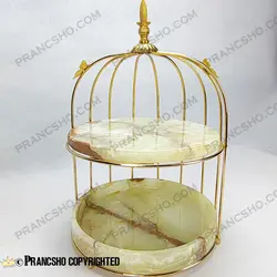 استند میوه و شیرینی سنگی قفس و پروانه دو طبقه سنگ مرمر نباتی قهوه‌ای