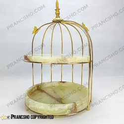 استند میوه و شیرینی سنگی قفس و پروانه دو طبقه سنگ مرمر نباتی قهوه‌ای