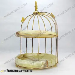 استند میوه و شیرینی سنگی قفس و پروانه دو طبقه سنگ مرمر نباتی قهوه‌ای