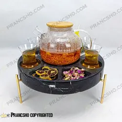 مزه و دمنوش خوری سنگی پایه میخی با جای وارمر سنگ مشکی خط سفید